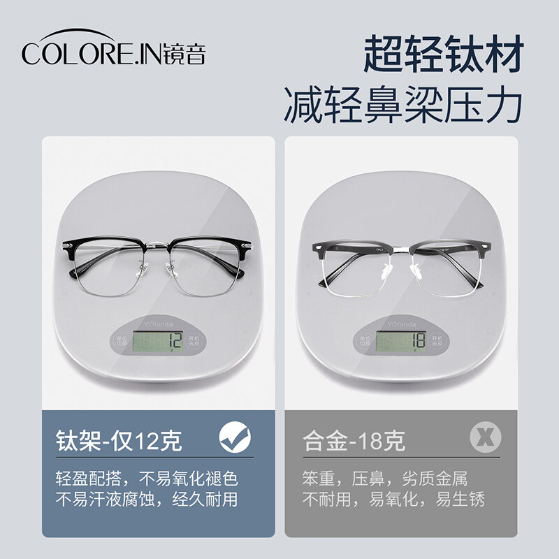 Il telaio per lenti miopi a mezza montatura in titanio puro può essere abbinato al telaio per sopracciglia con lenti telaio in titanio con occhi anti-blu