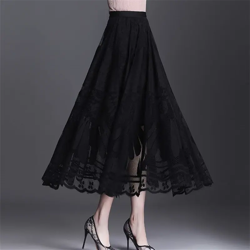 Women Vintage Sexy Hollow Lace High Waist Elegant Party Long Skirt Summer Fashion Black Pleated Linen Maxi Skirts