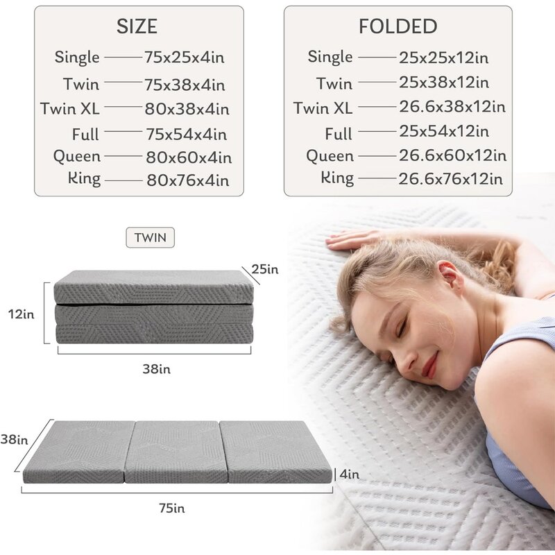 Tri-Fold Memory Foam Mattress, 4 inch Single Folding Mattress with Collapsible and Washable Cover, Travel and Guest Mat