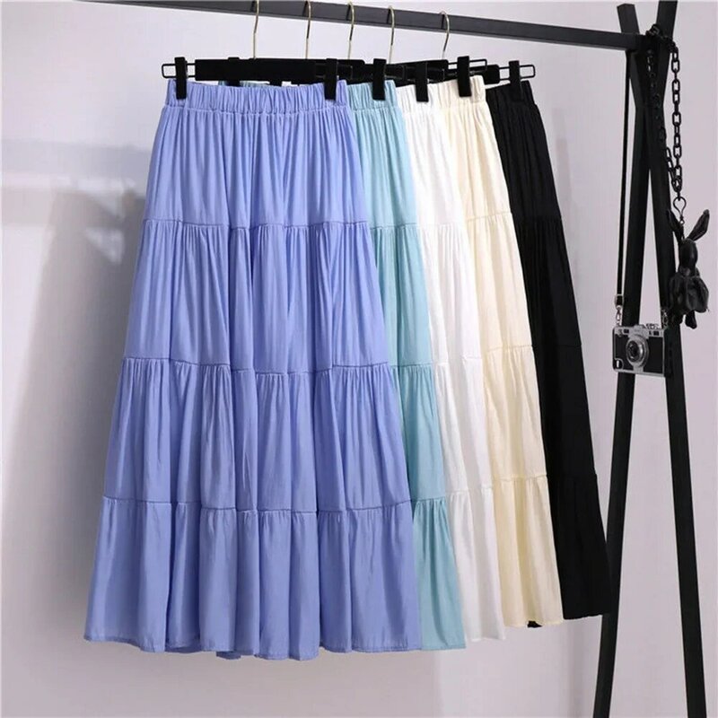 Spring Women Long Skirts Autumn Girls Cotton Linen Maxi Skirt Ladies Summer A-line Solid Color Casual Pleated Skirt