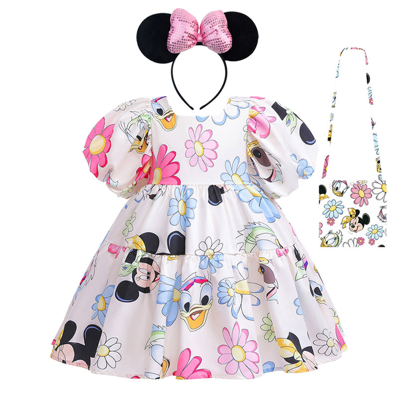 Summer Disney Cartoon Minnie Pattern Girl Dress Short Sleeve Backless Dress Mickey Donald Duck Printed Birthday Party Clothes