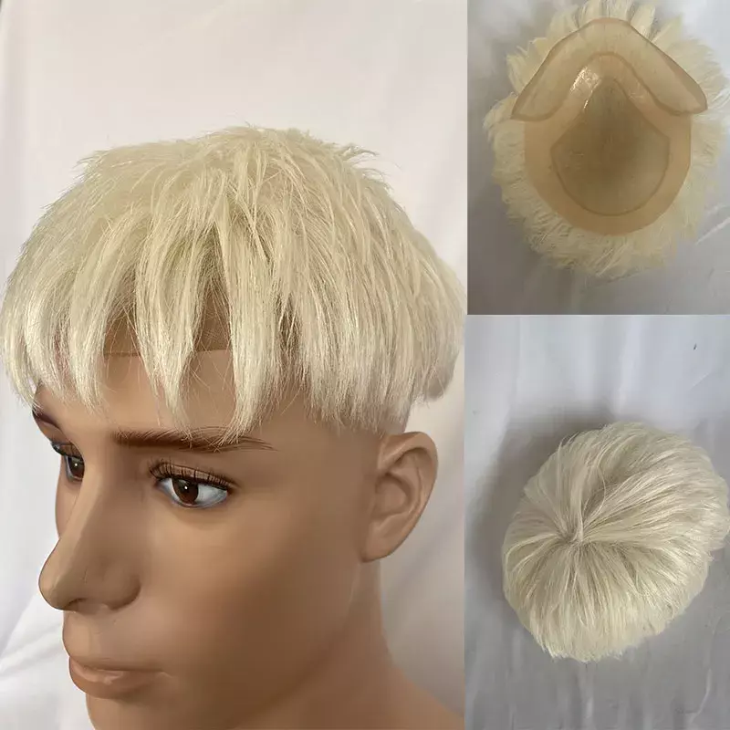 Men Toupee 100%Human Hair Lace And Pu Wig For Men French Lace With Pu Toupee Hair  Cut Style Hair Men Wigs 8X10 60# White Color