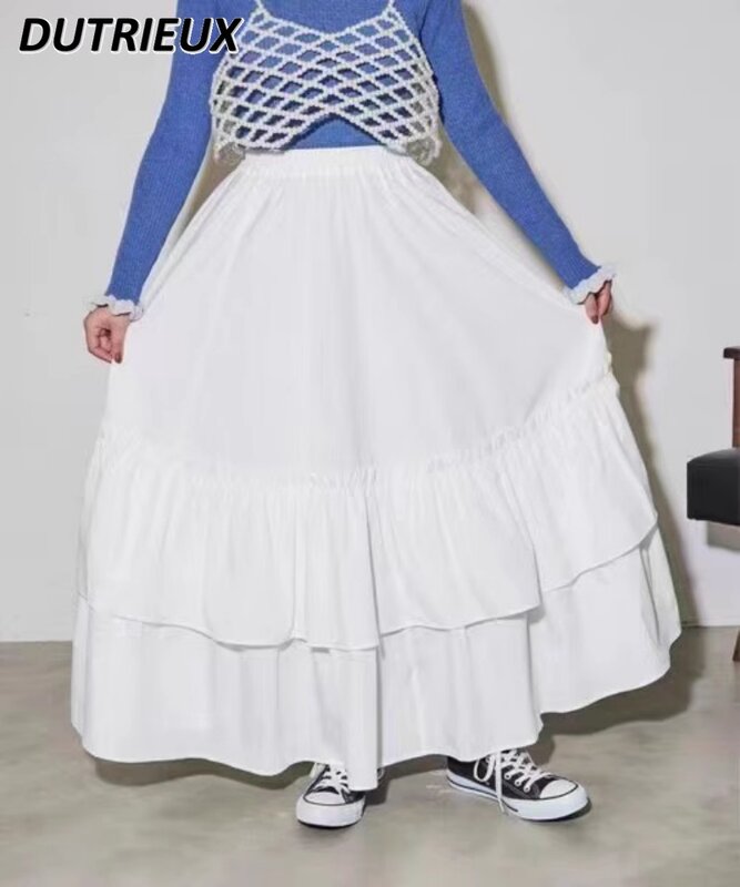 Japanese Style Special-Interest Design Elastic Waist Long Skirt Layered Wooden Ear Gentle Sweet Pleated Cake Maxi Skirts