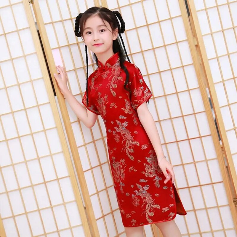 Gaun Satin anak perempuan, baju Cheongsams Hanfu ketat motif Phoenix, kostum tradisional Cina, gaun putri anak perempuan