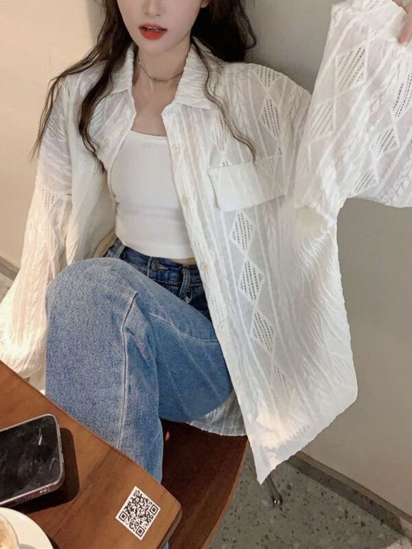 Baggy Shirts Women Delicate Autumn Boyfriend Sunscreen Designed Students High Street Fashion Lace Vintage Camisas Female Clothes