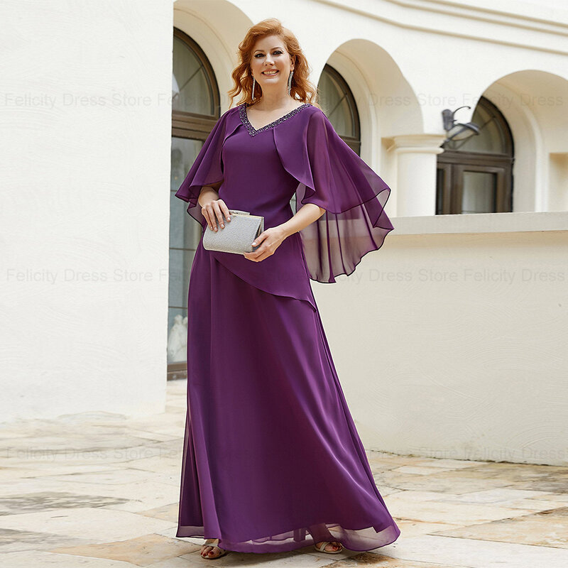 Vestido plisado de gasa con cuentas para madre de la novia, traje elegante púrpura con cuello en V para invitados de boda, 2024