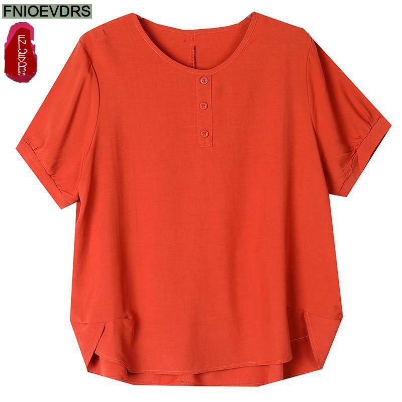 M-4XL Losse Kleding 2024 Zomer Katoenen Tops Korte Mouw Vrouwen Basic Wear Casual Zwart Oranje Retro Vintage Shirts Blouses