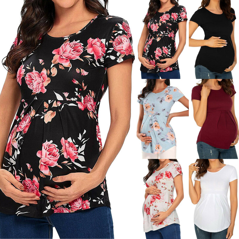 Chemise à manches courtes à imprimé floral pour femmes, chemise d'allaitement double couche, haut doux, vêtements de grossesse, mode, ALTERFloral