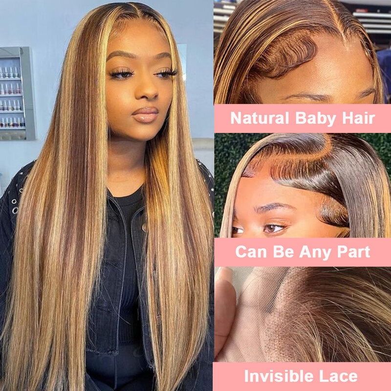 Highlight Straight Wig Bone Lace Frontal Wig Colored Brazilian Human Hair Wigs For Black Women 13x4 HD Lace Front Wig Pre Cut