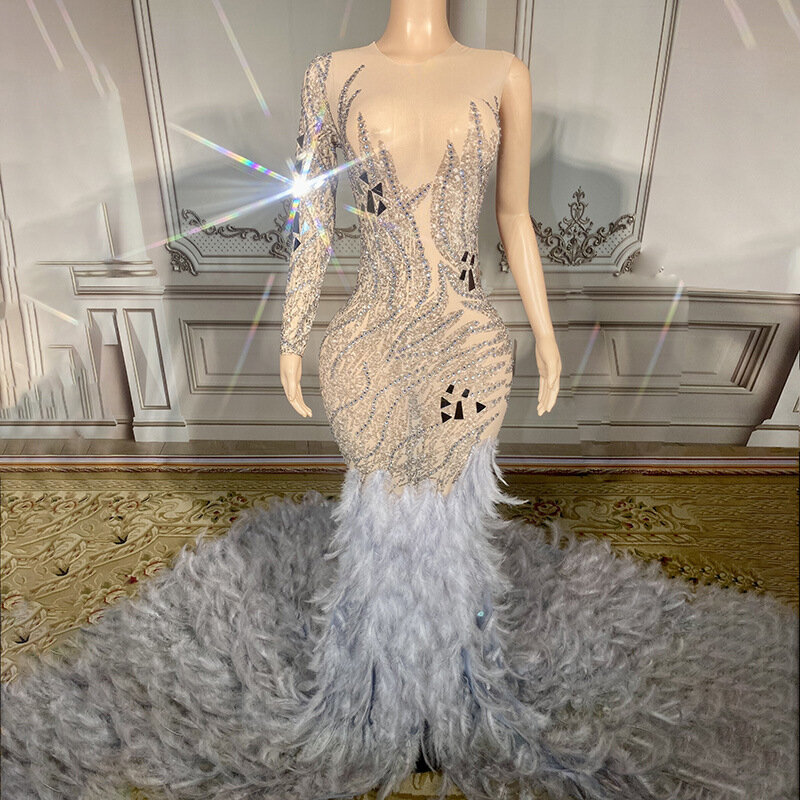 Luksusowe błyszczące sukienka z trenem z piór kobiety na wieczorny bal impreza celebrytów urodziny nosić kostium sceniczny piosenkarki ślubną suknię ślubną