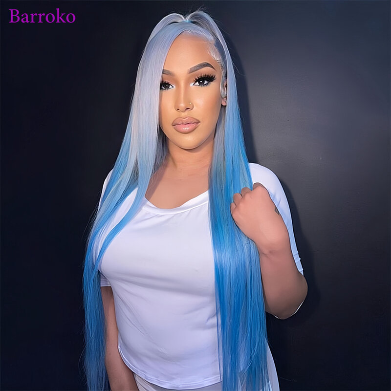Barroko-peruca reta de cabelo humano, 13x6, frontal transparente, colorido, pré-arrancado, omber, 613, azul, omber