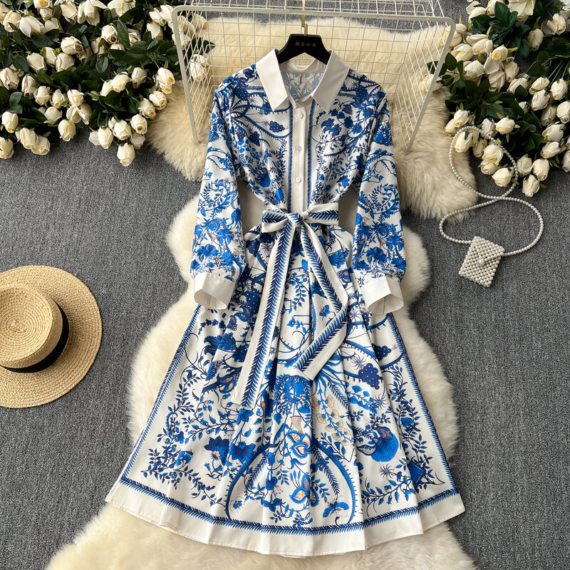 Abito da donna con stampa a maniche lunghe con risvolto elegante Vintage francese a-line moda primavera estate abiti da donna