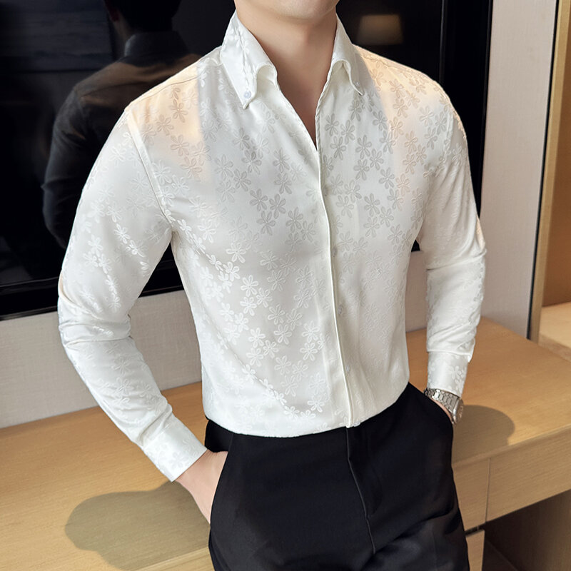 Camisas De Hombre ชุดเดรสเสื้อเชิ้ตผู้ชายแจ็คการ์ดแขนยาวสไตล์เกาหลีชุดทักซิโด้สีดำ