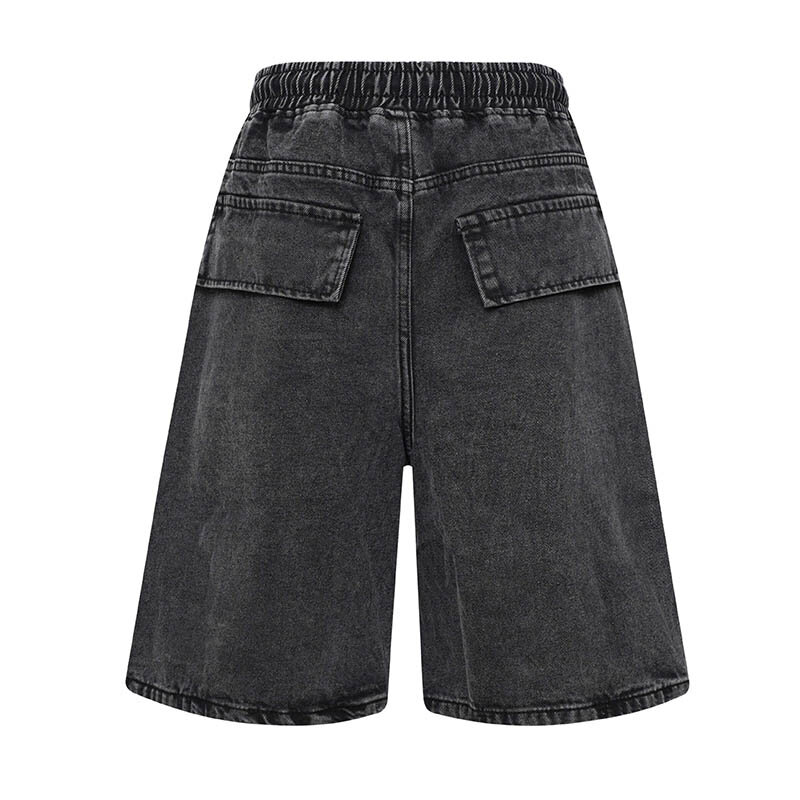 Shorts jeans vintage para homens, hip-hop, multi bolsos, jeans casual reto, elástico na cintura