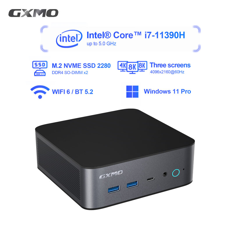 GXMO Mini PC tipo C Thunderbolt™Mini ordenador M.2 NVME SSD para videojuegos, Mini PC con Wi-Fi 6, Intel Core i7-11390H (5 GHz)