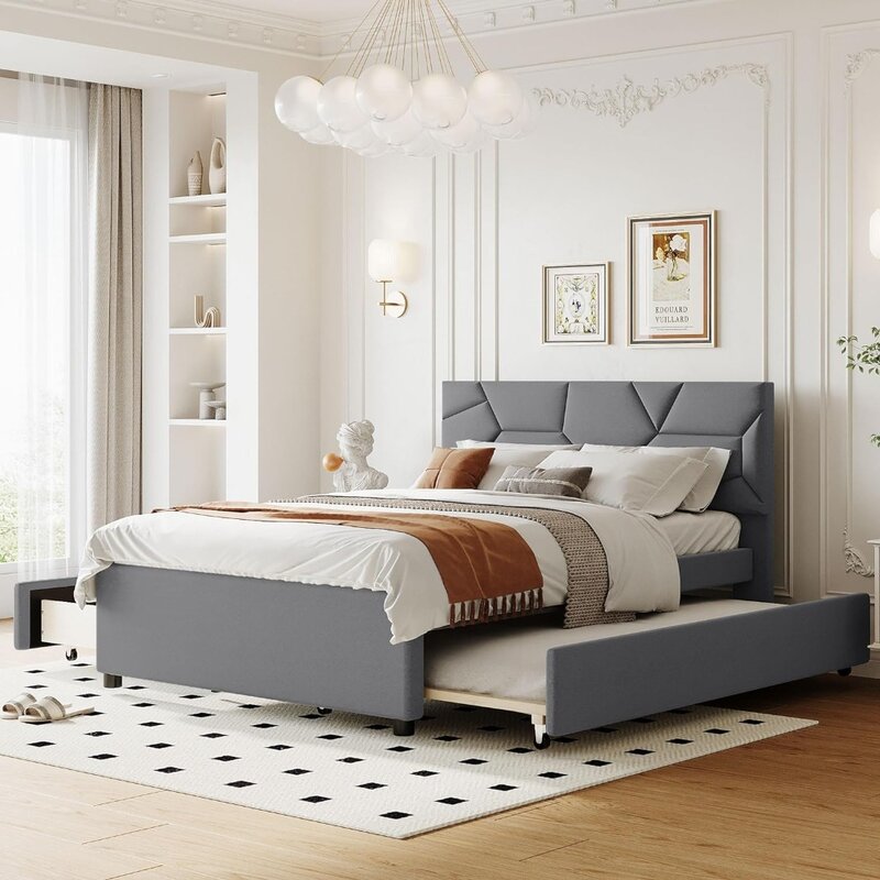 Bedframe, padded platform bed, with brick patterned headboard and wooden support, bedroom bed frame
