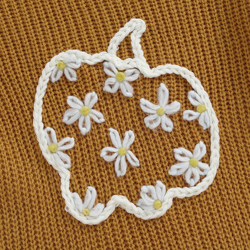 Suefunskry Baby Girl Boy sweter z dzianiny śliczny kwiat haft w kształcie dyni wycięcie pod szyją z długim rękawem pulowerowe topy na jesień-zimę