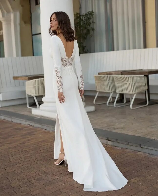 Mermaid White V-neck decal Long sleeve front slit French simple bridal dress Vestidos de novia beach romantic wedding