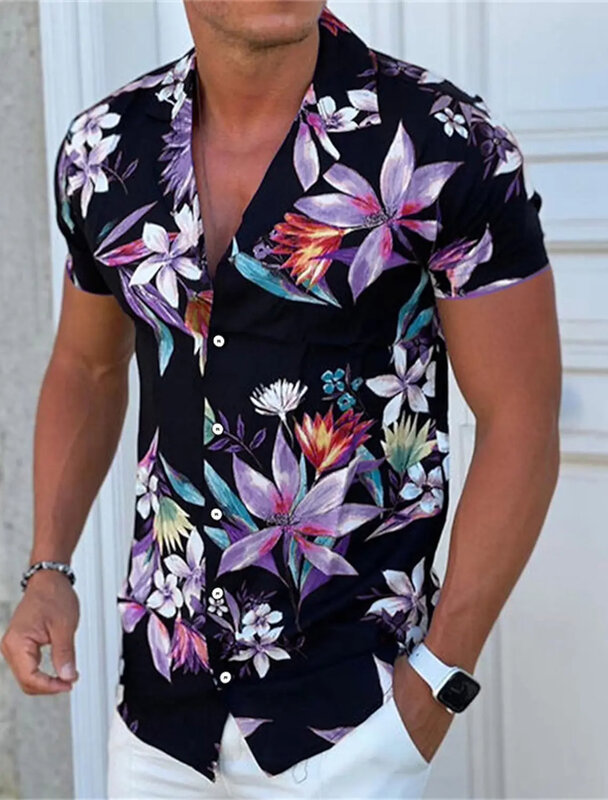 Chemise d'été à boutons pour hommes, impression 3D de fleurs végétales, décontractée, polyvalente, grande taille, style hawaïen, chemise respirante de plage