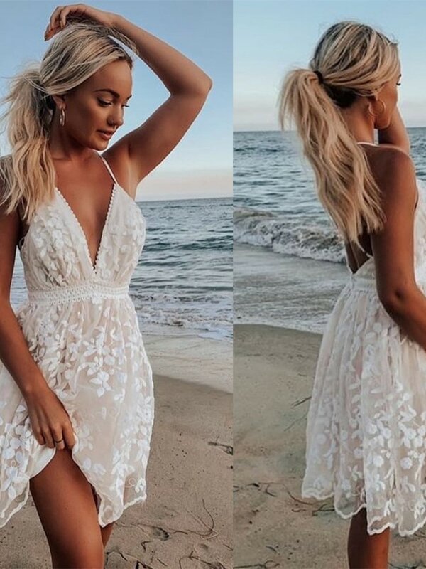 Vestido de praia sem encosto de renda bordado feminino, cinta sexy de espaguete, mini vestido branco, moda verão, novo, casual