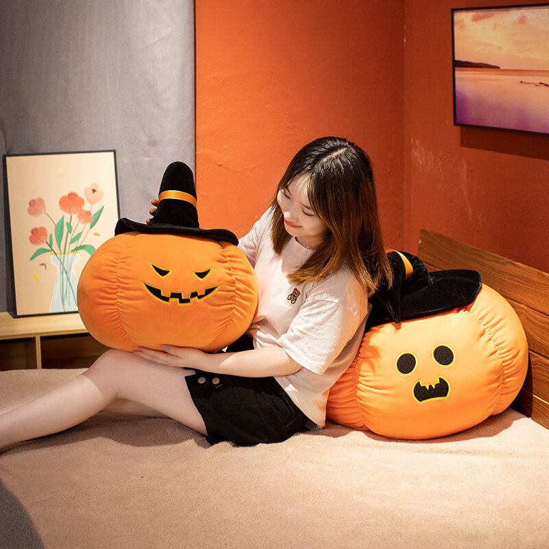 Halloween Pumpkin Fluffy Plush Toy Horror Wizard Hat Pumpkin Plush Pillow Decorative Couch Lantern Cuddly Gift Holiday Decor