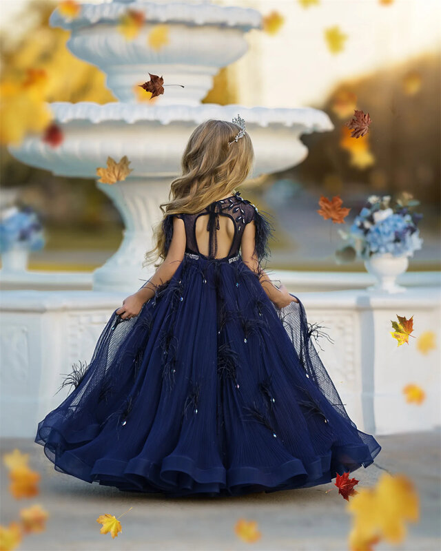 Granatowy dziewczęca sukienka w kwiaty tiul puszysty aplikacja z koralików krótki rękaw piórkowy pierwszy dziecięcy sukienki na przyjęcie urodzinowe eucharystyczny
