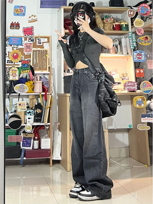 QWEEK Vintage Black Baggy Jeans Women Korean Streetwear Oversize Harajuku High Waist Pants Grunge Y2K Denim Wide Leg Trousers