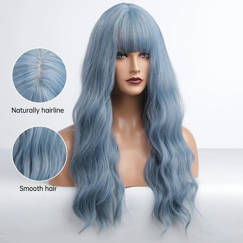 GEMMA Long Water Wave Blue High Temperature Wigs for Black White Women Afro Cosplay Party Daily Synthetic Hair Wigs with Bangs