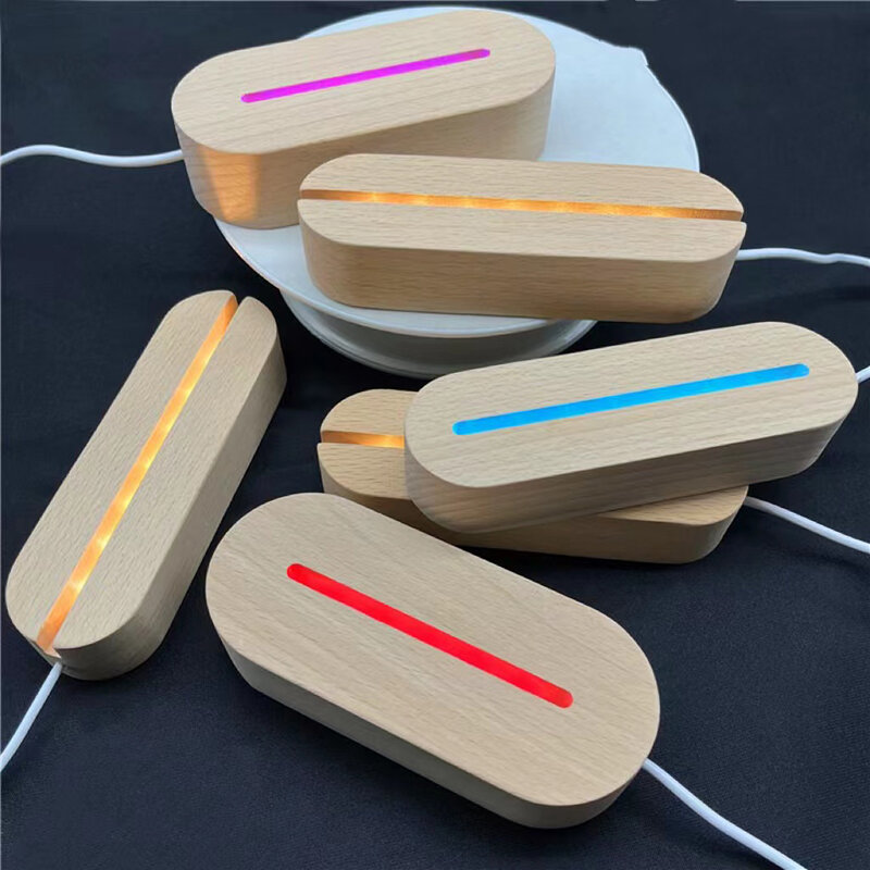 Soporte de Base de exhibición de madera USB ovalado de 5mm con luces Led RGB blancas cálidas para láser 3D, lámpara de noche de mesa de vidrio acrílico DIY, envío directo