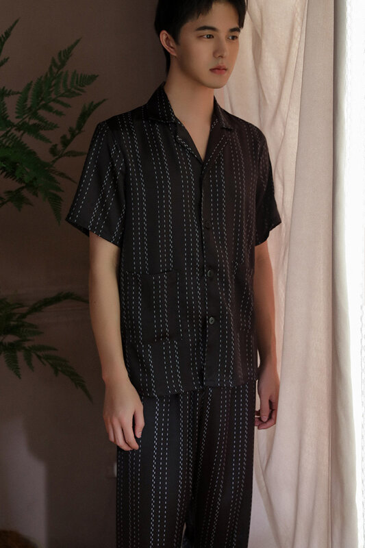 Conjunto de pijama listrado preto masculino, cintura elástica, camisa e calças, roupa de dormir, manga curta, loungewear solto, terno Homewear, verão, 2 peças