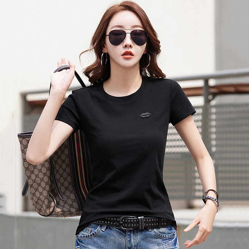 Neu Frauen Kurzarm T-Shirt Sommer Mode O-Ausschnitt Feine Stickerei Schlank T-Shirts Tops Klassisch Einfachheit Basic Baumwolle T-Shirt