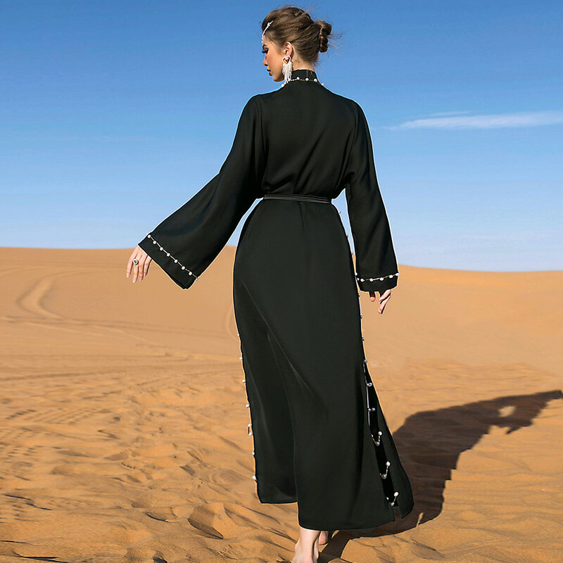 ชุดคลุมกิโมโนสีดำมีลูกปัดเปิดสำหรับผู้หญิงเสื้อคลุมคาร์ดิแกนสไตล์มุสลิม gamis Arab ชุดคาฟตันไก่งวงดูไบ