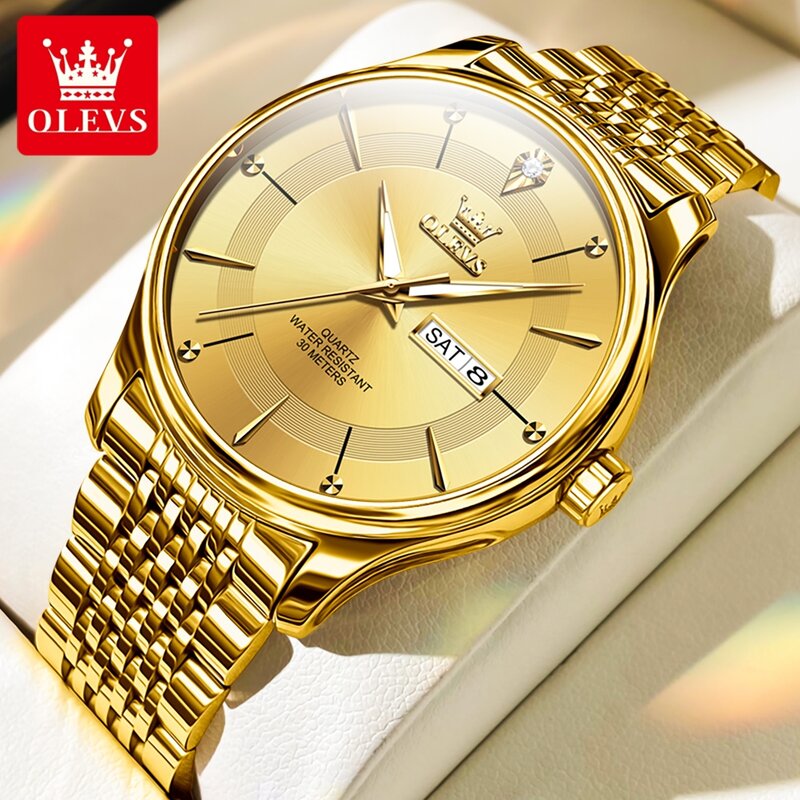 OLEVS jam tangan Quartz pria, arloji emas asli untuk pria, jam tangan mewah elegan tanggal pekan, jam tangan bercahaya, anti air, Stainless steel tren