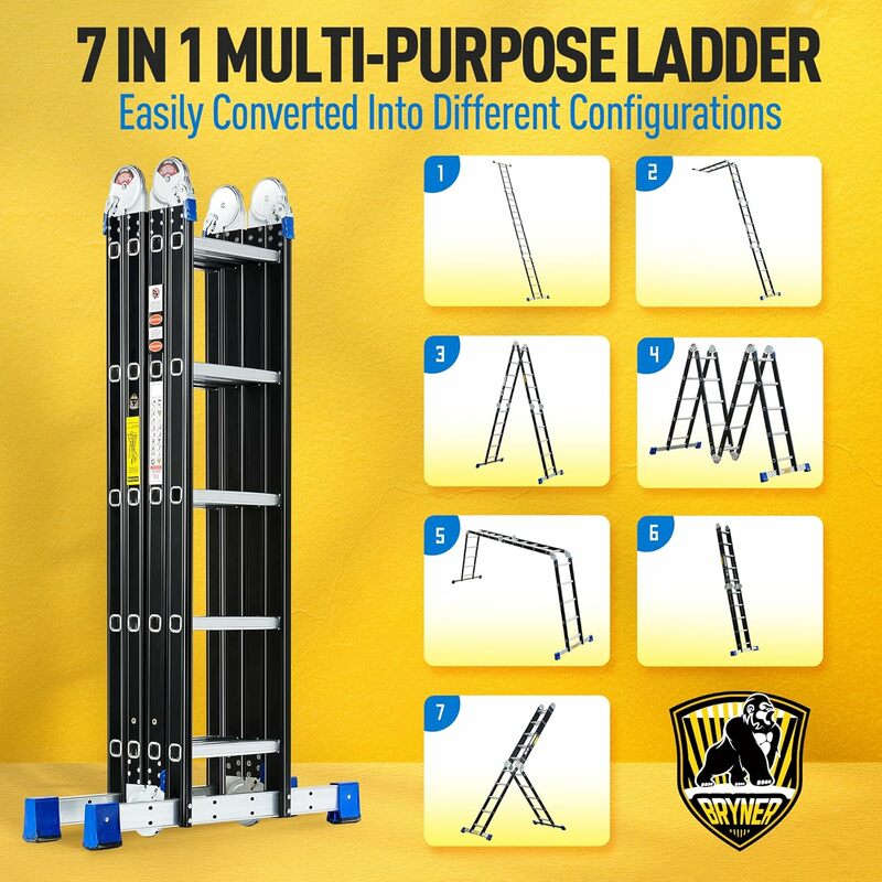 多目的折りたたみ式ステップはしご、調整可能な伸縮、アルミニウム延長はしご、330ポンド、7 in 1、19.6ft