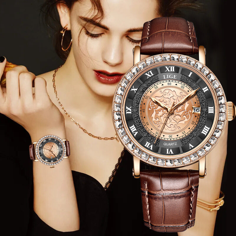 Часы наручные LIGE женские кварцевые, оригинальные модные роскошные водонепроницаемые с кожаным ремешком