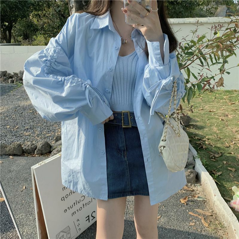 Shirt Camisole Sets Women Summer Korean Style Sweet Stylish Shirring All-match Classic Minimalist Leisure Cozy Turn-down Collar