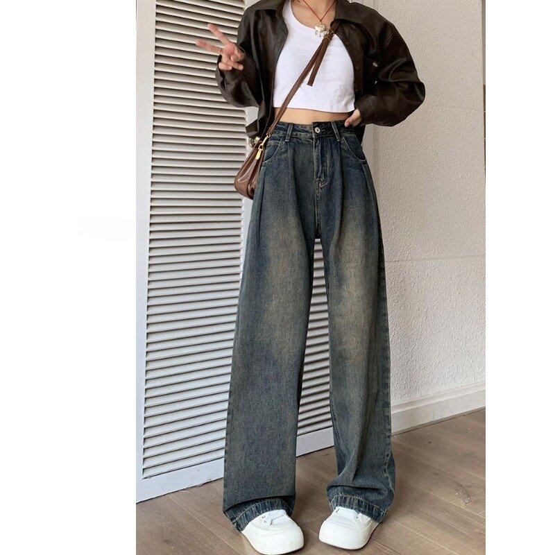 Deeptown กางเกงยีนส์ขากว้างสไตล์วินเทจของผู้หญิงกางเกงเดนิม MODE Korea เอวสูงกางเกงขายาวทรงหลวมลำลอง