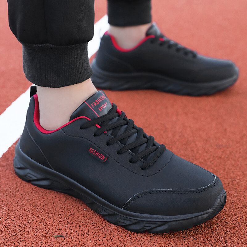 Zapatillas de correr de cuero Artificial para hombre, zapatos deportivos ligeros e impermeables para exteriores, informales, color negro