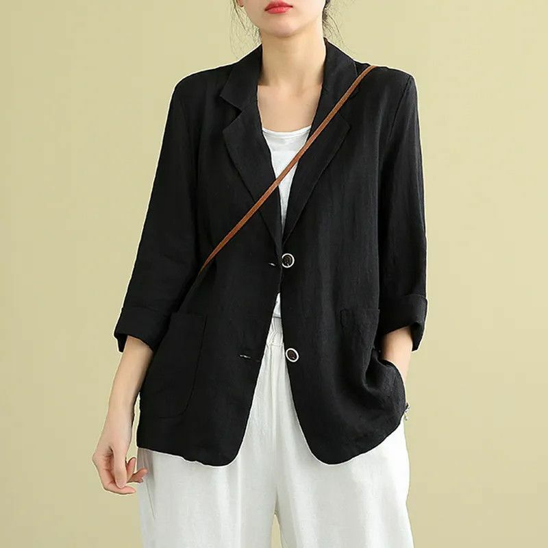 Chaqueta de lino y algodón de manga larga con doble botón para verano, traje informal holgado de gran tamaño, versátil, Color sólido, 2023