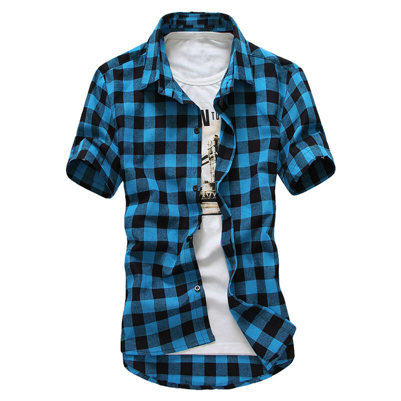Мужская рубашка на пуговицах, модная и универсальная мужская рубашка в клетку на пуговицах, топ с коротким рукавом, футболка