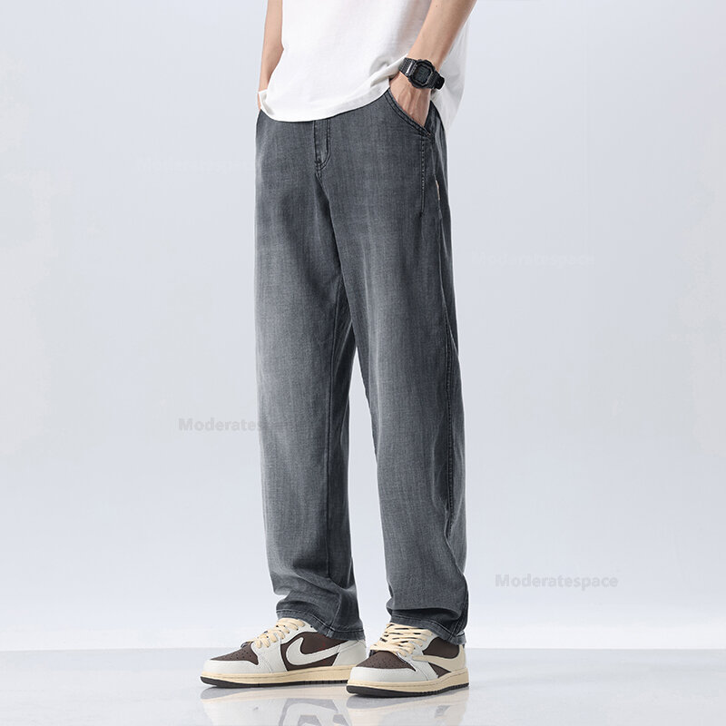 2024 nuova estate Jeans larghi da uomo in tessuto Lyocell sottile morbido pantaloni traspiranti moda Vintage pantaloni larghi maschili in Denim