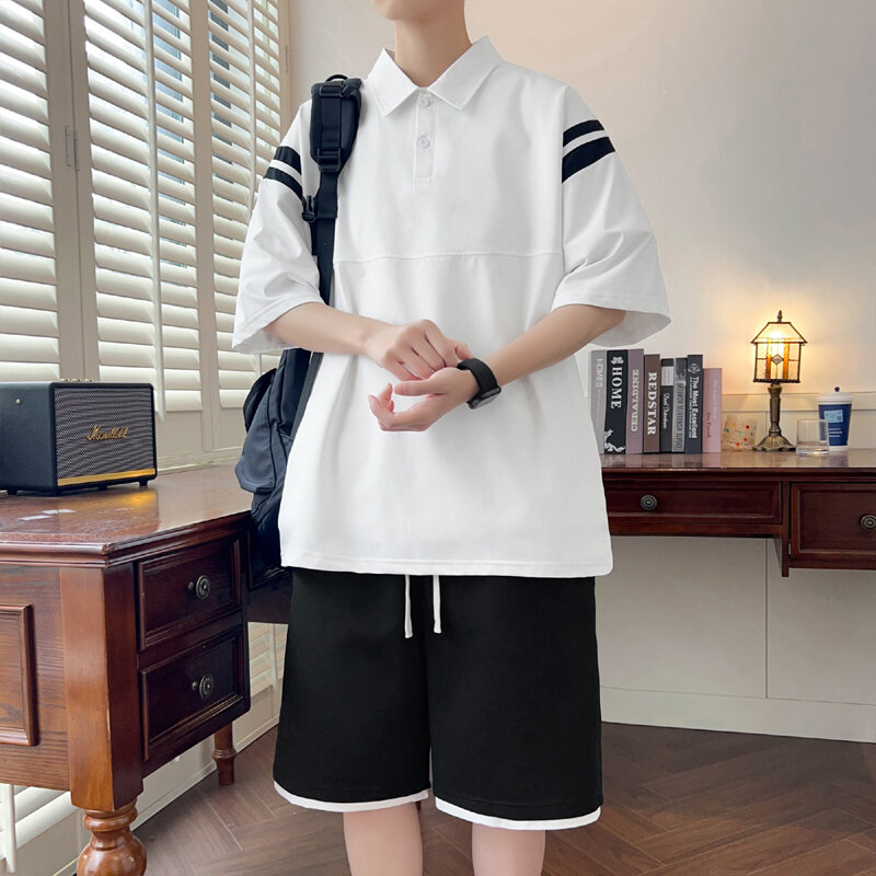 Camisa polo casual de manga curta masculina com calção elástica na cintura, agasalho 2 peças, blusa solta, camiseta, streetwear, conjuntos de verão, 2024
