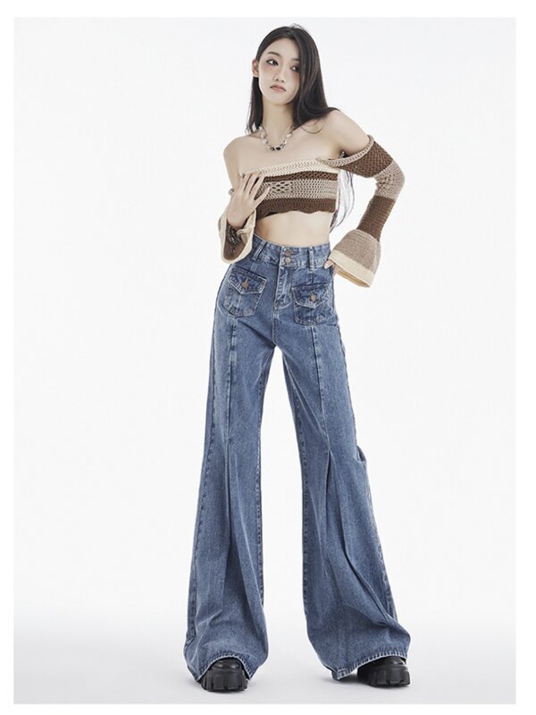 Women's Y2k Flare Jeans Baggy Harajuku Korean High Waist Denim Trousers Japanese 2000s Style Jean Pants Vintage Trashy Clothes