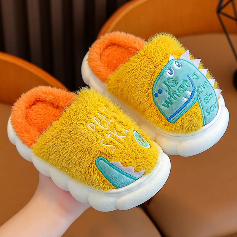 Cute Cartoon Dinosaur Children Plush Slippers Soft Sole Non-slip Winter Warm Baby Boys Girls Indoor Home Kids Thick Cotton Shoes