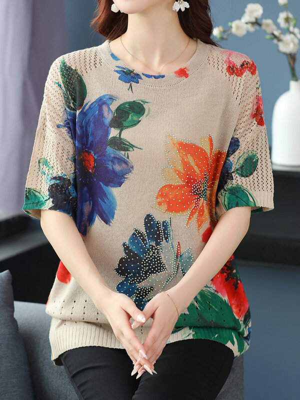 Kaus rajut berongga cetak bunga wanita pakaian musim panas 2024 untuk wanita atasan kaus pullover Y2K longgar kaus Wanita