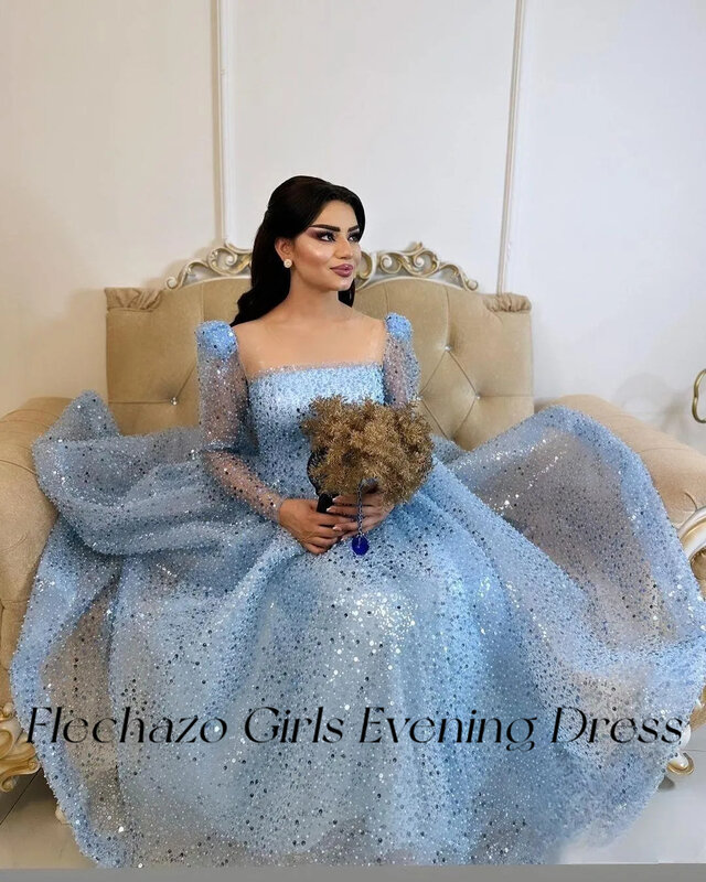 Flechazo 블루 프롬 드레스, 스퀘어 넥 스팽글 A라인 발목 길이, 우아한 생일 파티 원피스, 2024