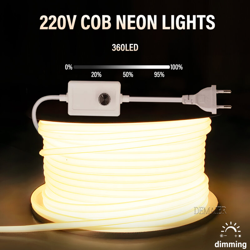 COB LED Neon Strip Light, EU Plug, Interruptor Regulável, Alto Lumen Impermeável, Luz de Fundo Do Armário De Cozinha, 220V De Potência, RA90, 360LEDs por m