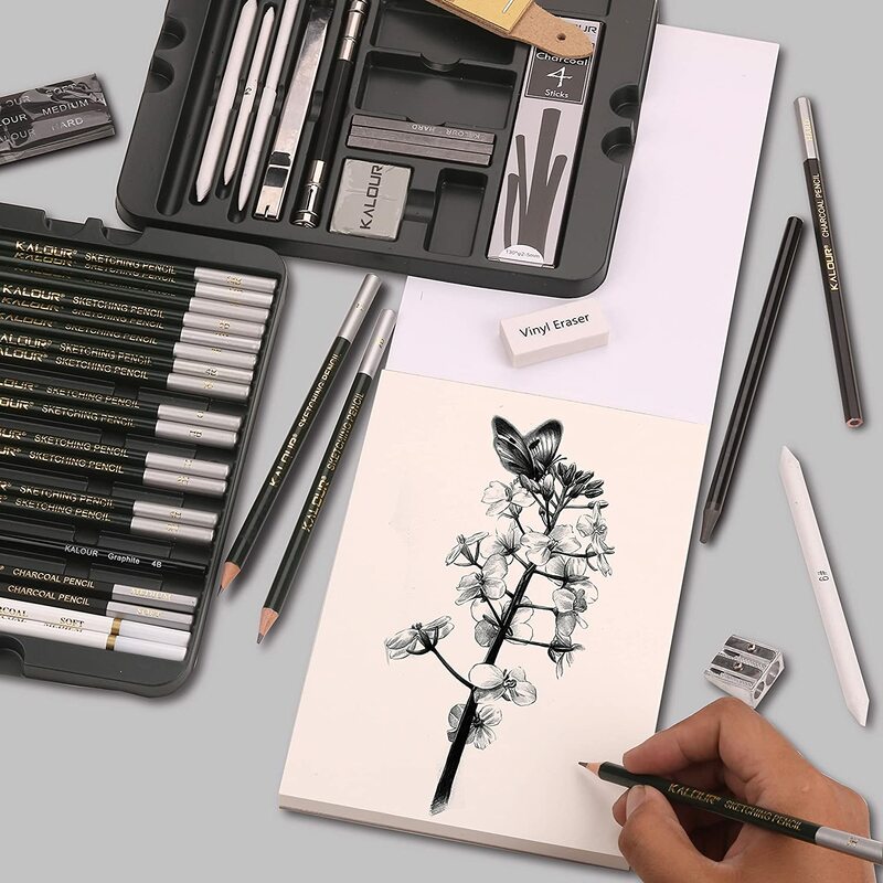 52/72-حزمة أقلام رسم رسم مع اثنين من كراسة الرسم ، صندوق من القصدير ، وتشمل الجرافيت والفحم وأدوات الفنانين ، ومجموعات الرسم الفنية برو