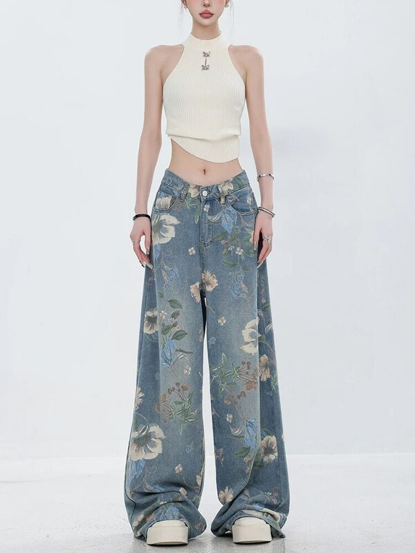 Модные джинсы с принтом 2024, джинсовые брюки в стиле ретро с цветочным принтом, уличные свободные джинсы в Корейском стиле хип-хоп с широкими штанинами