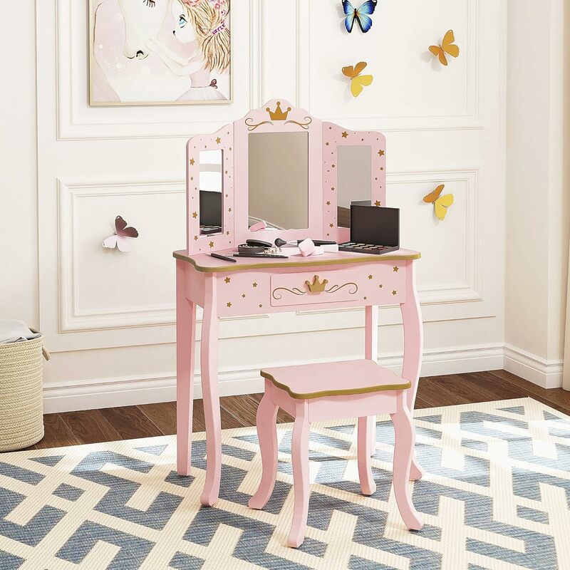 Kids Vanity Set with Mirror and Stool, Kids Make Up Vanity Desk with Mirrror for Little Girls, Children Makeup Dressing Table